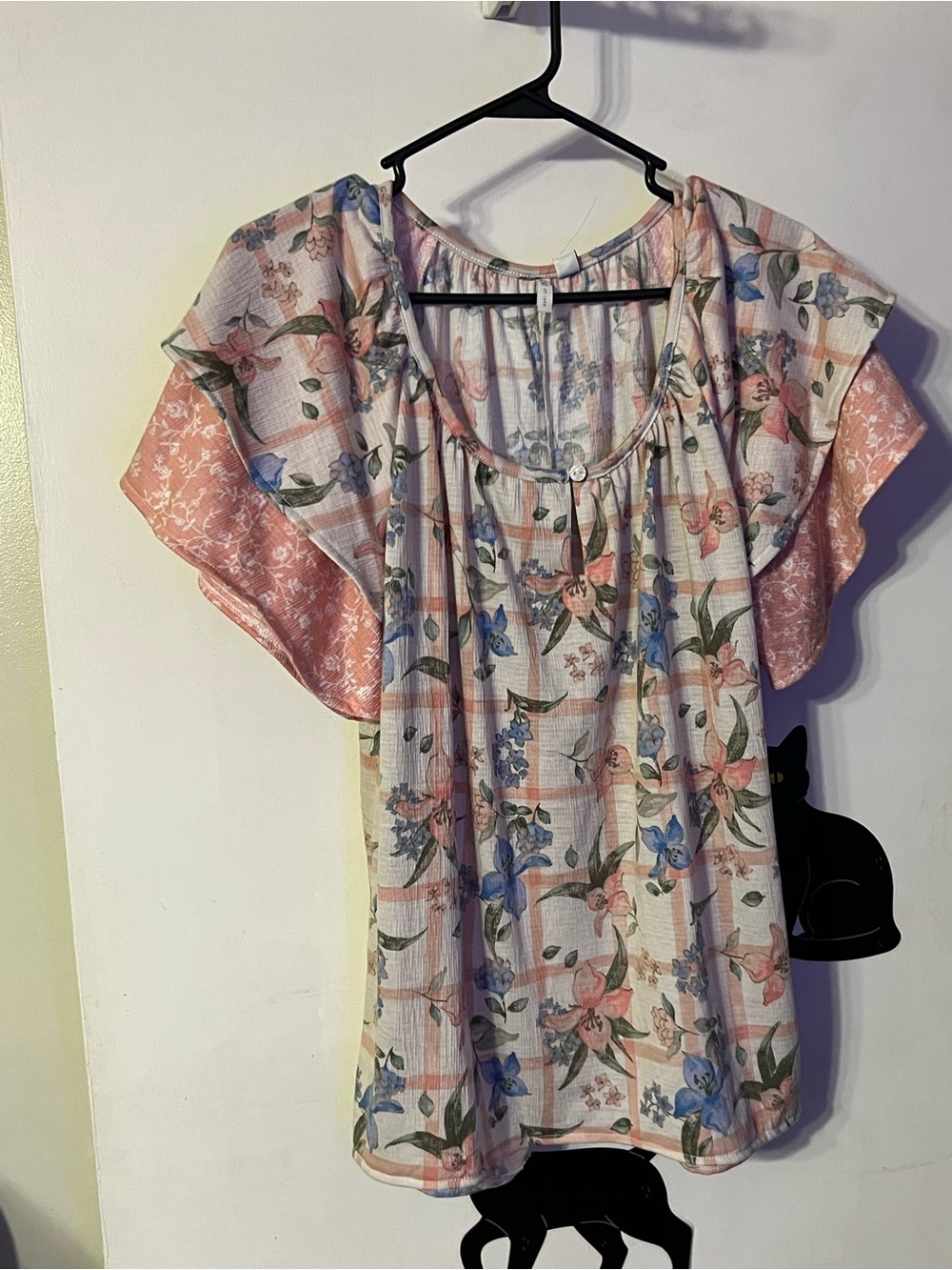 Cato Floral Flutter-Sleeve Blouse in Pink, Blue and Green